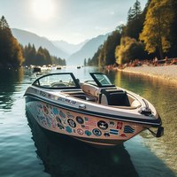 Kleines Boot mit Aufkleber die seewasserbeständig sind